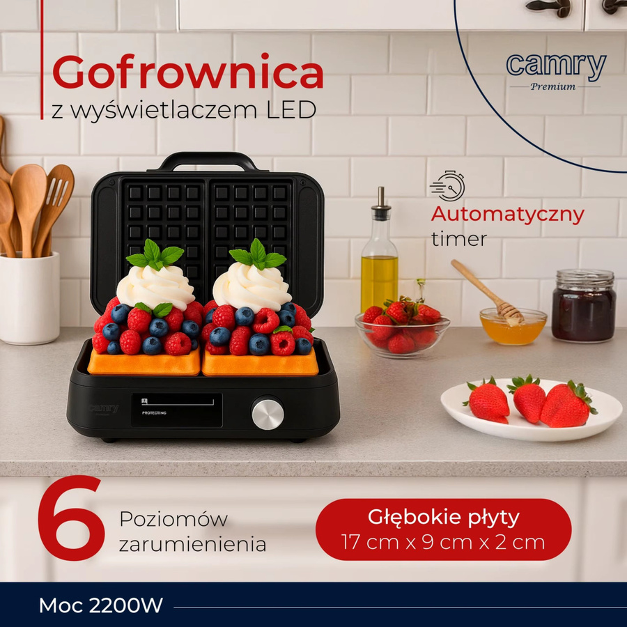 Waffelmaschine für belgische Waffeln mit 2200 W Leistung, LED-Anzeige, Box-Sensor und Antihaftbeschichtung, Schwarz - Bild 2