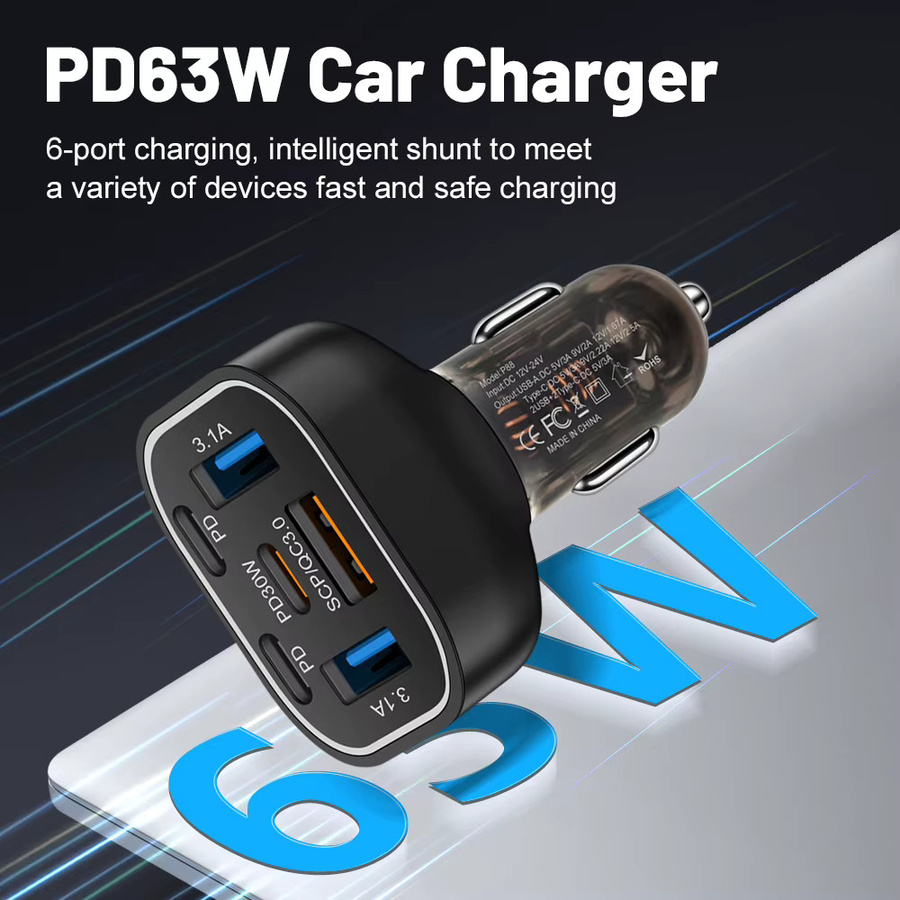 63W Autoladegerät mit 3 USB-A und 3 USB-C Anschlüssen sowie farbigem Atemlicht für Xiaomi, iPhone und Samsung - Bild 3