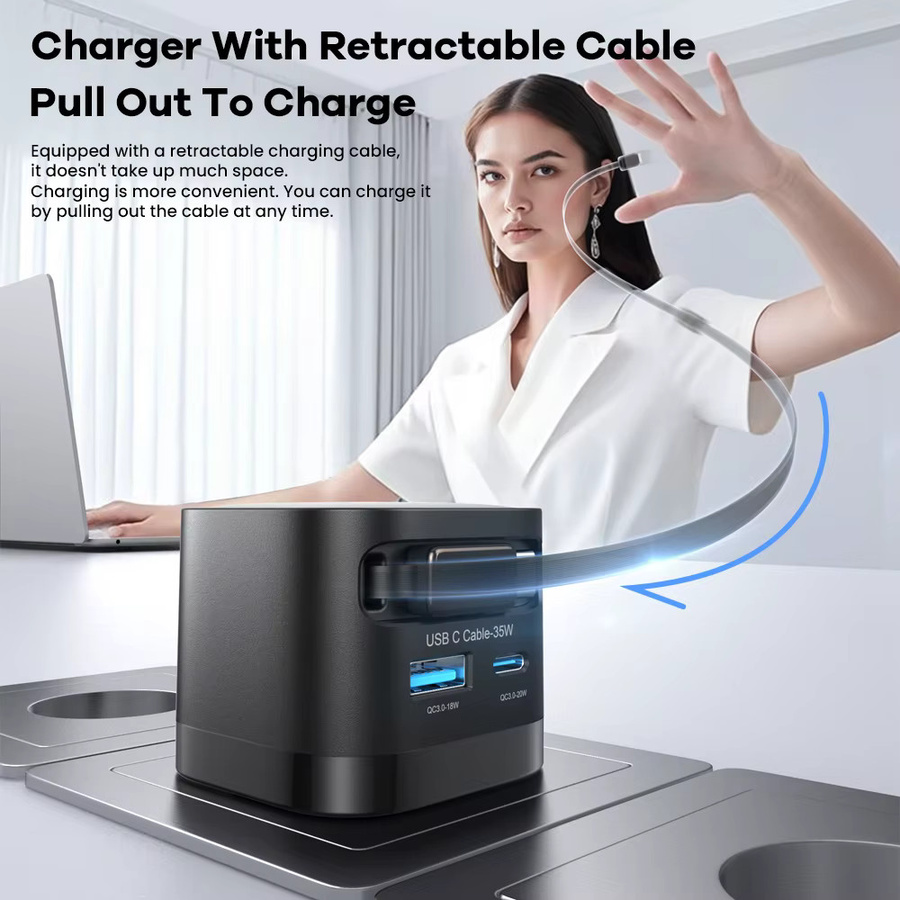 ASOMETECH 35 W GaN USB-C Ladegerät mit einziehbarem Typ-C-Kabel, 3 USB-Anschlüsse PD3.0 QC3.0 PPS Schnellladegerät, Schwarz - Bild 3