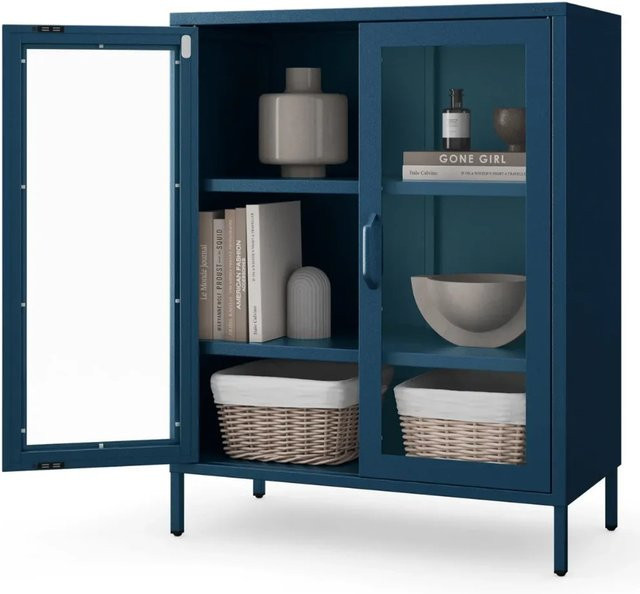 Vitrinenschrank GINA von JAN NOWAK für Wohnzimmer und Büro in Dunkelblau mit Glastüren, Höhe: 101,5 cm, Breite: 80 cm, Tiefe: 40 cm - Bild 1