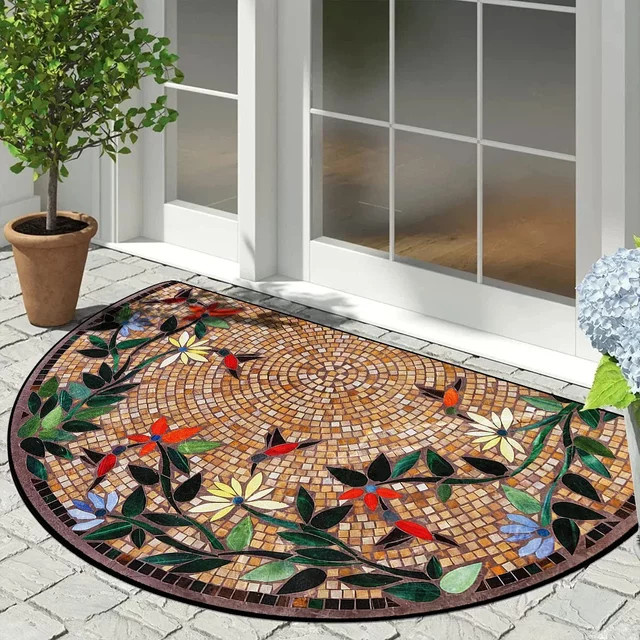 VIKAMA Halbkreisförmige Bodenmatte mit Vintage-Blumenmuster und geometrischem Mosaik-Design, rutschfest für Terrasse, Eingang und Balkon, B/T: 60 x 40 cm - Bild 1