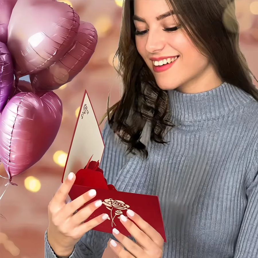Romantische 3D Pop Up Rose Einladungskarte für Valentinstag und Hochzeit in Rot und Weiß mit Umschlag - Bild 2