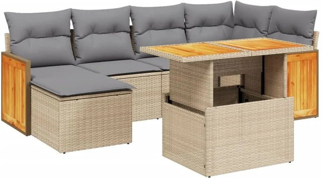 vidaXL 7-tlg Garten-Sofagarnitur aus Poly-Rattan in Beige mit Kissen und Couchtisch, L-Form mit Ottoman und Eckelementen - Bild 1