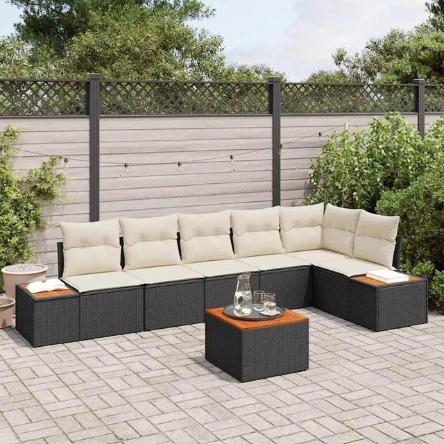 7-teiliges vidaXL Garten-Sofa-Set in Schwarz-Creme aus Poly-Rattan mit Kissen und Gartentisch - Bild 1