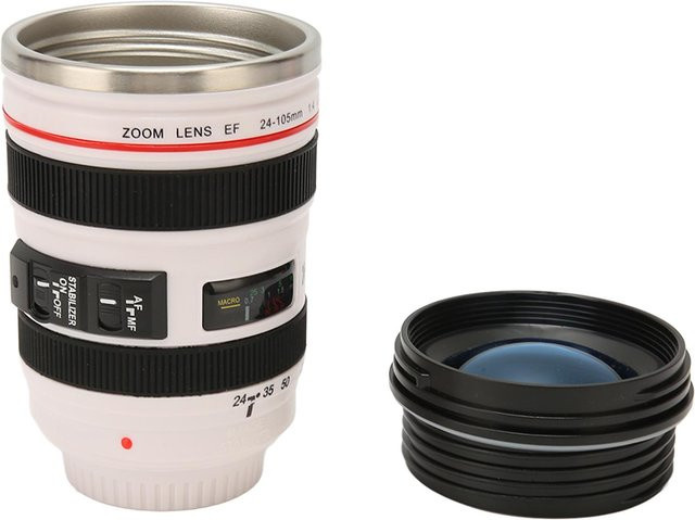 CosyHome Kameraobjektiv Kaffeetasse aus Edelstahl und ABS mit Deckel, Weiß - Bild 1