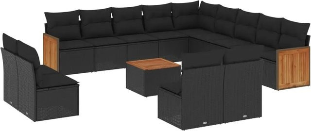 vidaXL 14-tlg. Garten-Sofagarnitur in L-Form aus Polyrattan mit Kissen und Couchtisch, Schwarz - Bild 1
