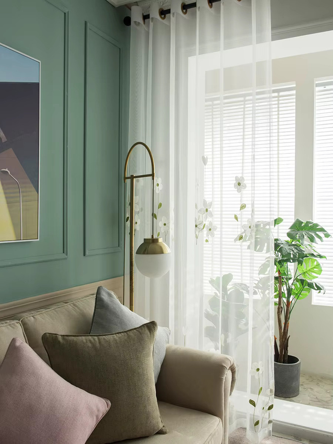 Koreanischer Tüllvorhang mit floraler Stickerei in Weiß, transparent, ideal für Wohnzimmer, Schlafzimmer und Balkon - Bild 3