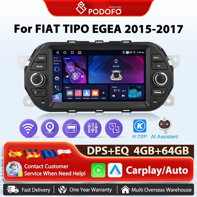 Podofo Android Autoradio mit GPS Navigation, Wireless CarPlay und 4G WIFI für FIAT TIPO EGEA 2015-2017, Schwarz - Bild 1