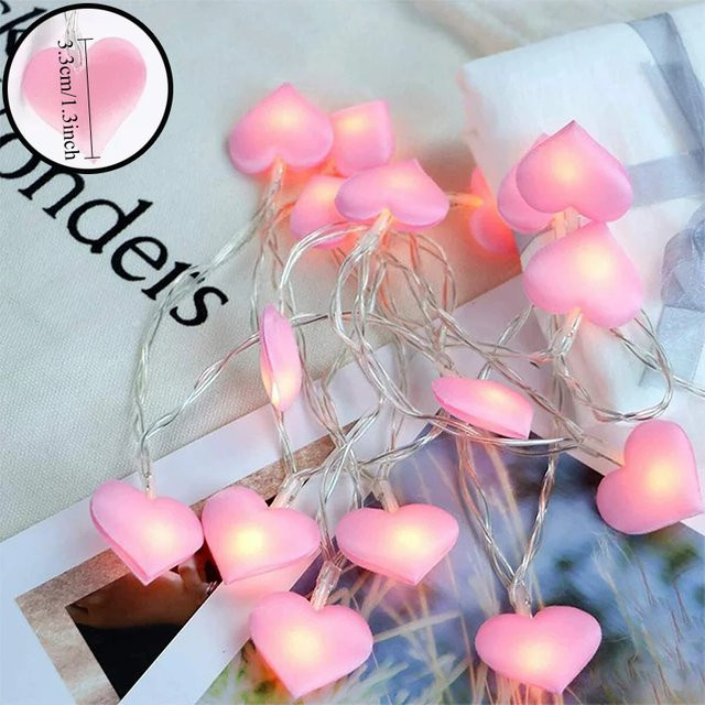 LED Herz Lichterkette aus Baumwolle in Rosa mit warmweißem Licht für Hochzeit, Party und Valentinstag - Bild 1