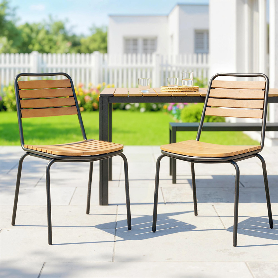 Outsunny Gartenstuhl 2er Set aus Stahl und Holz in Naturholz Braun, wetterfeste stapelbare Gartenstühle mit Rückenlehne für Terrasse und Balkon - Bild 2