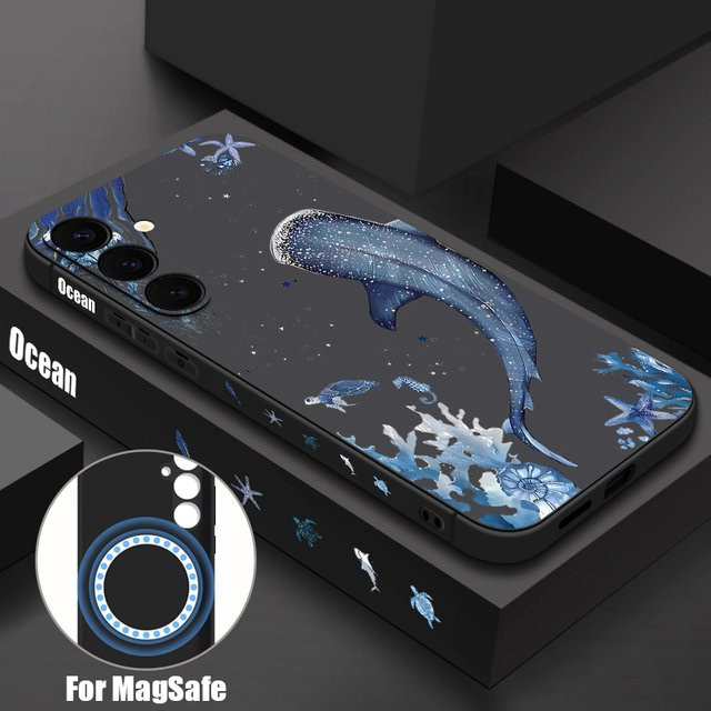 Magnetische Handyhülle mit Schildkröte und Wal Druck für Samsung Galaxy S25 S24 Ultra S23 S22 Plus S24 FE A56 A55 A16 A36 in Beige und Weiß aus weichem TPU - Bild 1