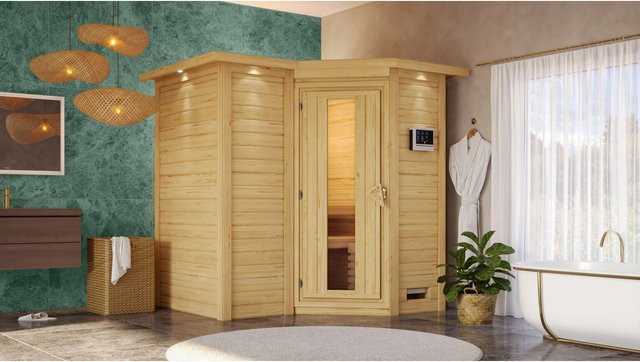 Karibu Sauna Steena 1 aus Fichte mit Bio-Ofen 9 kW, Dachkranz und externer Steuerung, Farbe: Braun, B/T/H: 221 x 198 x 221 cm - Bild 1