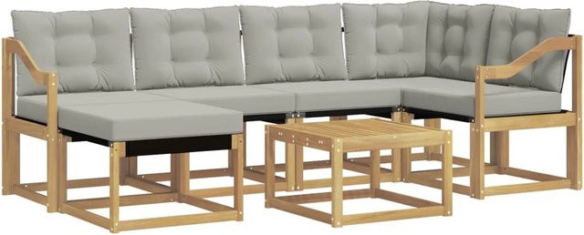 vidaXL Outdoor-Sofagarnitur 7-teilig in L-Form aus Akazienholz und Textilene mit Kissen in Weiß und Hellgrau - Bild 1