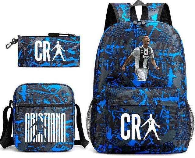 Cristiano Ronaldo Kinder Schulrucksack Set in Blau, 3-teiliges Set aus Oxford-Gewebe mit 15L Volumen und atmungsaktiven gepolsterten Trägern - Bild 1