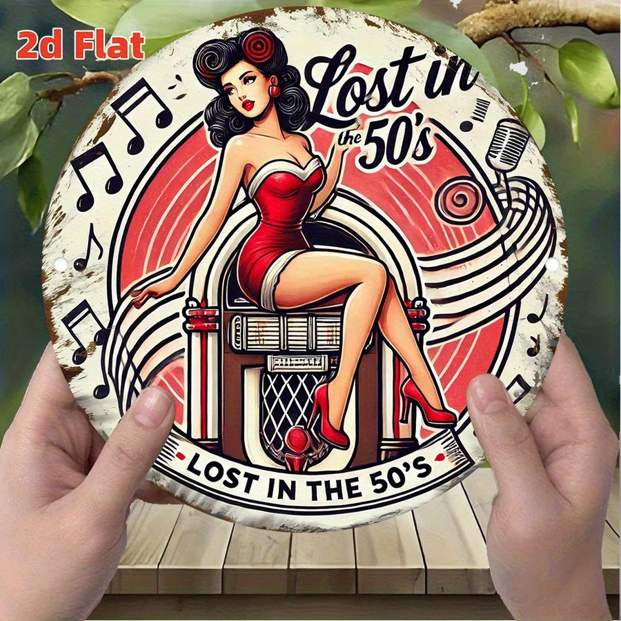 Potdemiel Retro-Metallschild Lost in the 50s Vintage Pin-Up Girl Wanddekoration, Rund, Rot/Mehrfarbig, Durchmesser: 20 cm - Bild 2