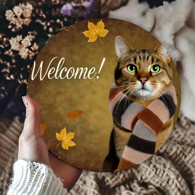 Potdemiel Rundes Metallschild Herbst-Katze mit Schal-Design, Wandkunst aus Eisen, Durchmesser: 20,32 cm, Mehrfarbig - Bild 1
