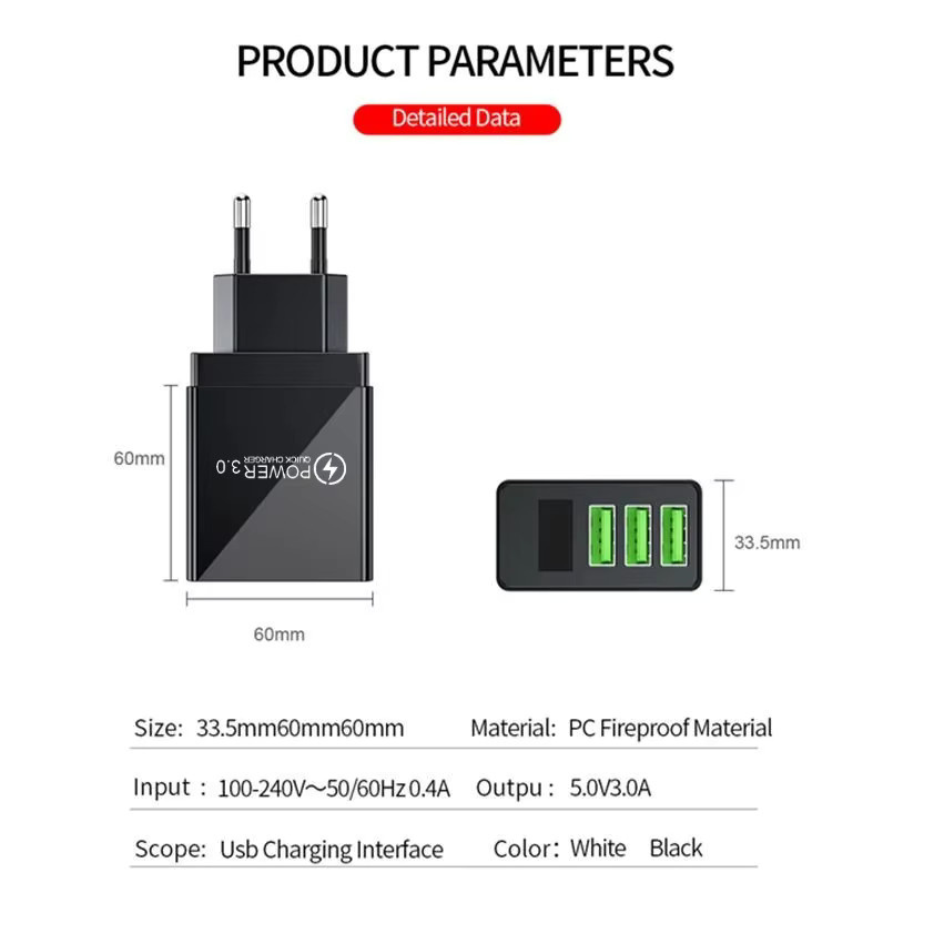 3-Port-USB-Schnellladegerät Wandadapter mit LED-Digitalanzeige in Schwarz - Bild 4