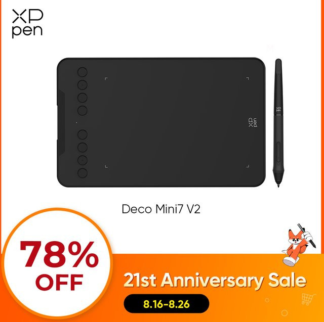 XPPen Deco Mini7 V2 Grafisches Tablet mit 16K Druckstufe, 7 x 10,9 cm Arbeitsbereich, Schwarz, Kompatibel mit Android, Mac, Windows und Chrome - Bild 1