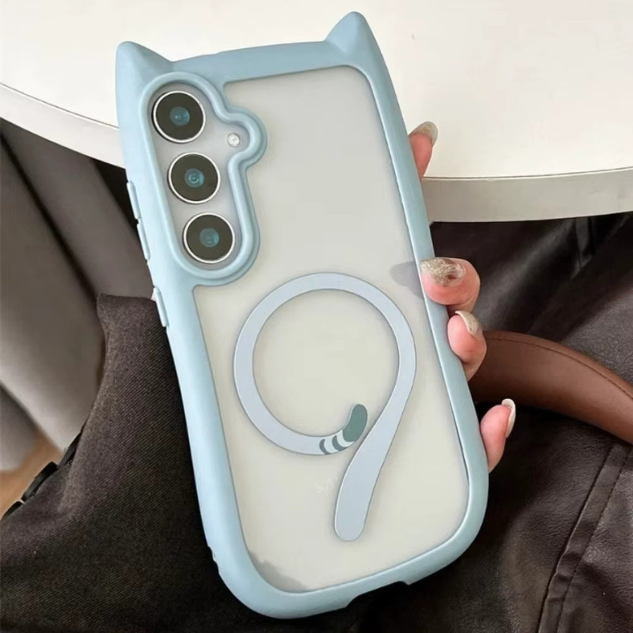 Transparente Handyhülle mit Katzenohren für Samsung Galaxy S26 Edge Ultra, S25, S24 und S23 mit magnetischer Abdeckung und kabelloser Ladefunktion in Transparent und Grau - Bild 3