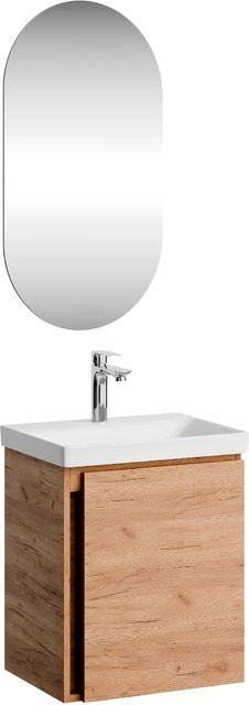 Planetmöbel Badmöbel Set 3-teilig in Gold Eiche mit Keramikwaschbecken und Spiegel, Wandmontage, Soft-Close-Funktion, Breite: 50 cm, Höhe: 59 cm, Tiefe: 37 cm - Bild 1