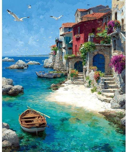 PhotoCustom Malen nach Zahlen Set mit mediterraner Meereslandschaft auf Leinwand, Mehrfarbig, DIY Wandkunst für Erwachsene - Bild 1