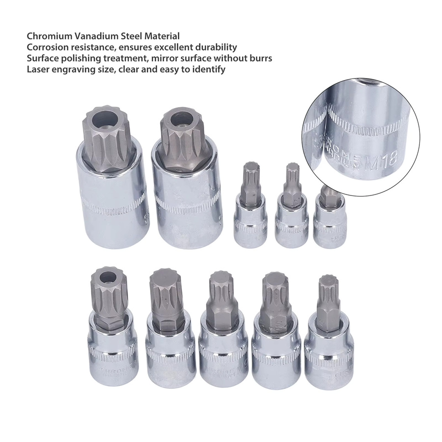 Dreifach-Spline-Bit-Steckschlüsselsatz M4 mit 1/4 Zoll, 3/8 Zoll und 1/2 Zoll Antrieb inklusive Aufbewahrungsbox in Silber - Bild 3