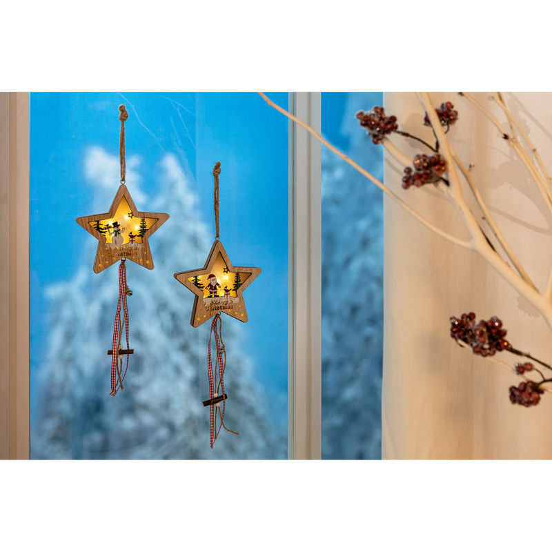 viva domo LED-Holzsterne im 2er-Set als rustikale Weihnachtsdekoration, hängend, braun beige weiß - Bild 2