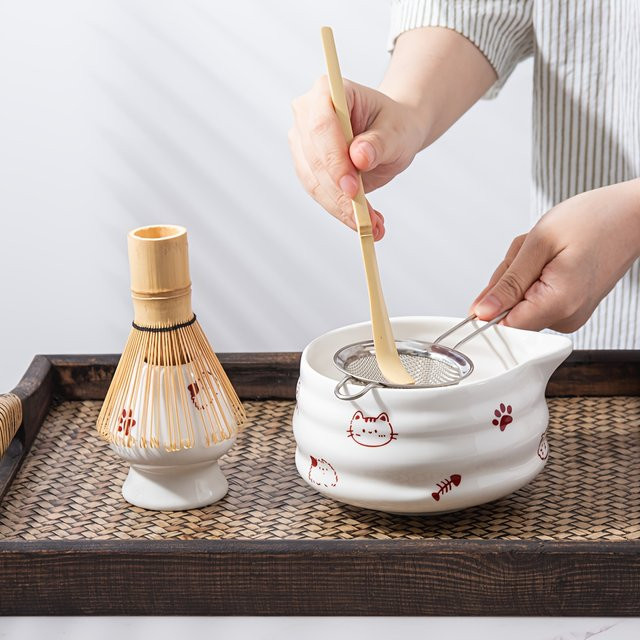 yumiplus 5-teiliges Matcha-Mix-Set mit Katzen-Design in Weiß zur Herstellung von Matcha-Latte - Bild 1
