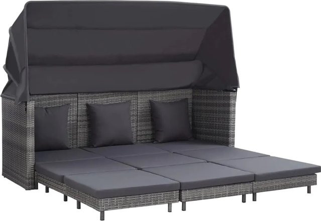 vidaXL Ausziehbares 3-Sitzer-Schlafsofa mit Baldachin aus Polyrattan und Metallgestell in Grau - Bild 1