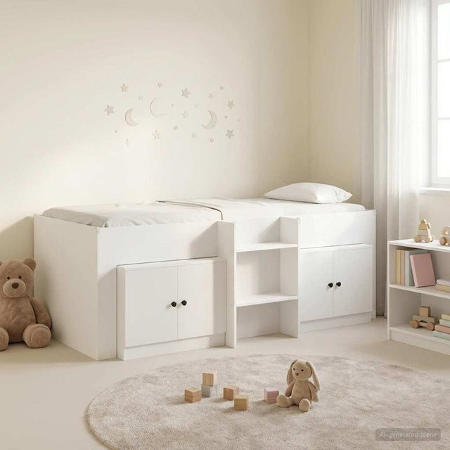Modernes Hochbett für Erwachsene von Yiwydaa in Weiß mit Schrank und Treppe aus MDF - Bild 1