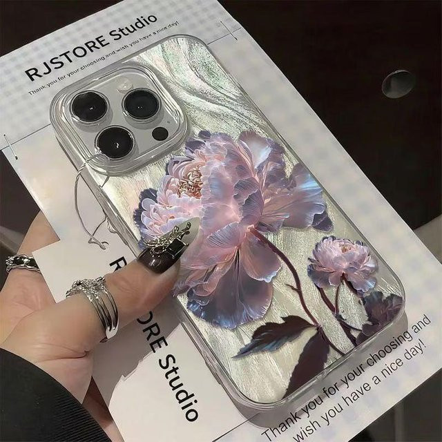 Glänzende iPhone Handyhülle mit 3D geprägtem Pfingstrosen-Blumenmuster in Multicolour, stoßfeste und weiche Schutzhülle für Apple iPhone 17 16 15 14 13 12 11 Pro Max - Bild 1