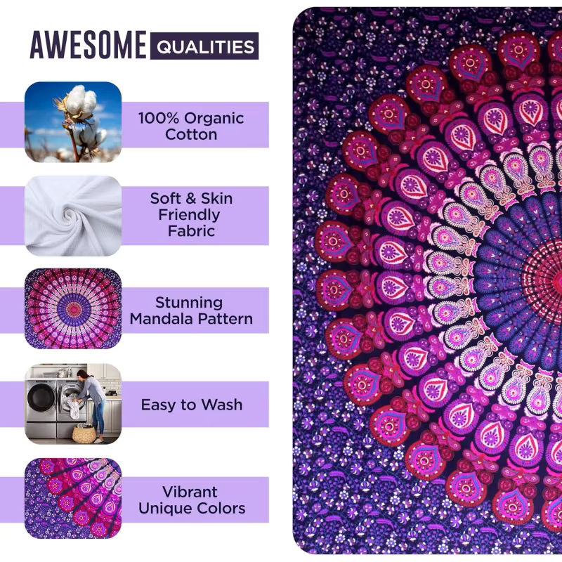 VIKAMA Wandteppich mit Mandala-Motiv in Lila, Bohemian Wandbehang aus Baumwolle mit geometrischem Druck, B: 150 cm, H: 130 cm - Bild 3