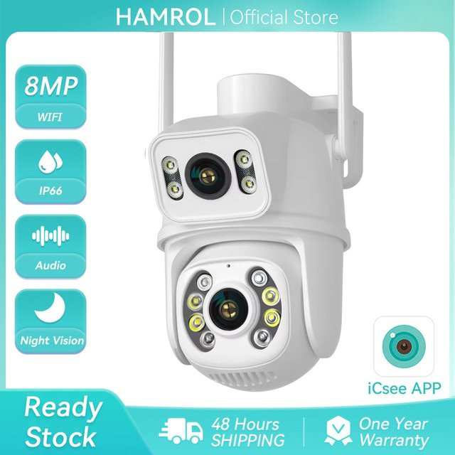 HAMROL 4K 8MP Dual-Objektiv WLAN PTZ-Kamera mit Dual-Bildschirm, IP66 wasserdicht, Nachtsicht, Menschenerkennung und Zwei-Wege-Audio, Farbe: Weiß - Bild 1