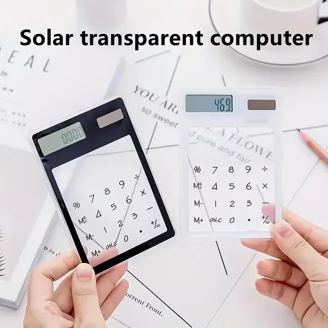 Multifunktionaler 8-stelliger Solar-Taschenrechner in transparentem Design, batterielos, farbig in Weiß und Transparent - Bild 1