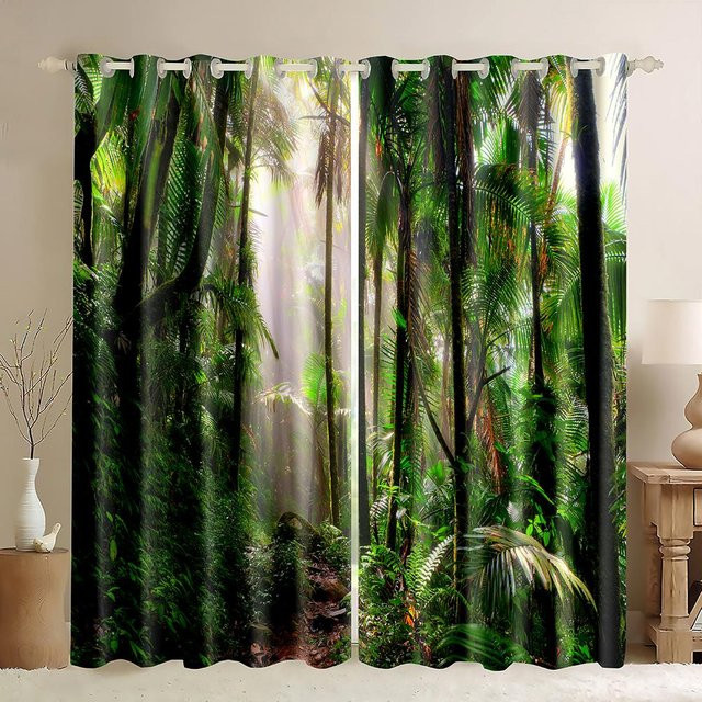 Yiran Furniture Vorhänge mit Waldbaumlandschaft und botanischem Druck, Grün, B: 50 cm, H: 60 cm, 2er-Set - Bild 1