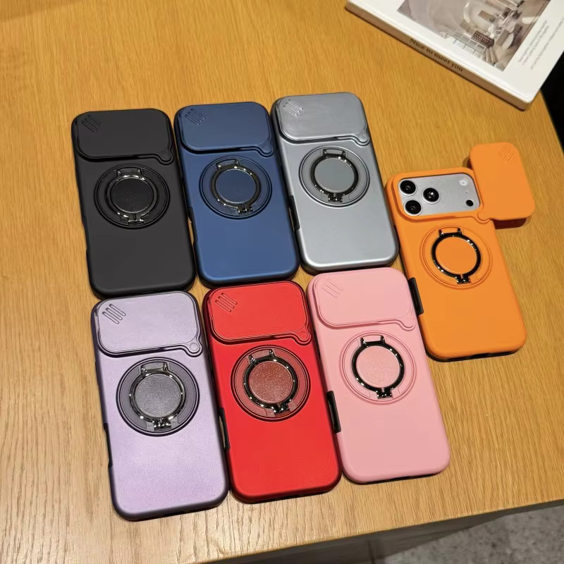 Eurynome Kamera-Schiebehülle für iPhone 12 bis 17 Pro Max, stoßfeste Panzerhülle mit magnetischem Ringhalter aus Hartplastik und TPU, Farben: Schwarz und Orange - Bild 2