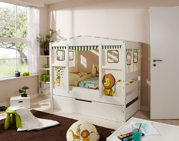 TICAA Hausbett MINI Safari aus Kiefernholz mit Zusatzbett für Kinder, B/T/H: 160 x 80 x 90 cm