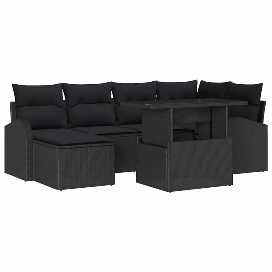 vidaXL Garten-Sofa-Set 7-tlg. in Schwarz mit Kissen, L-Form mit Eckelement, 2-Sitzer, Ottoman und Couchtisch aus pulverbeschichtetem Stahl - Bild 2
