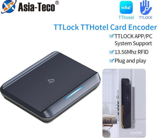 Asia-Teco Intelligenter RFID IC-Kartenleser und Encoder E5 in Schwarz für TTLock App, TT Hotel und TT Vermietungssystem, 13,56 MHz - Bild 1