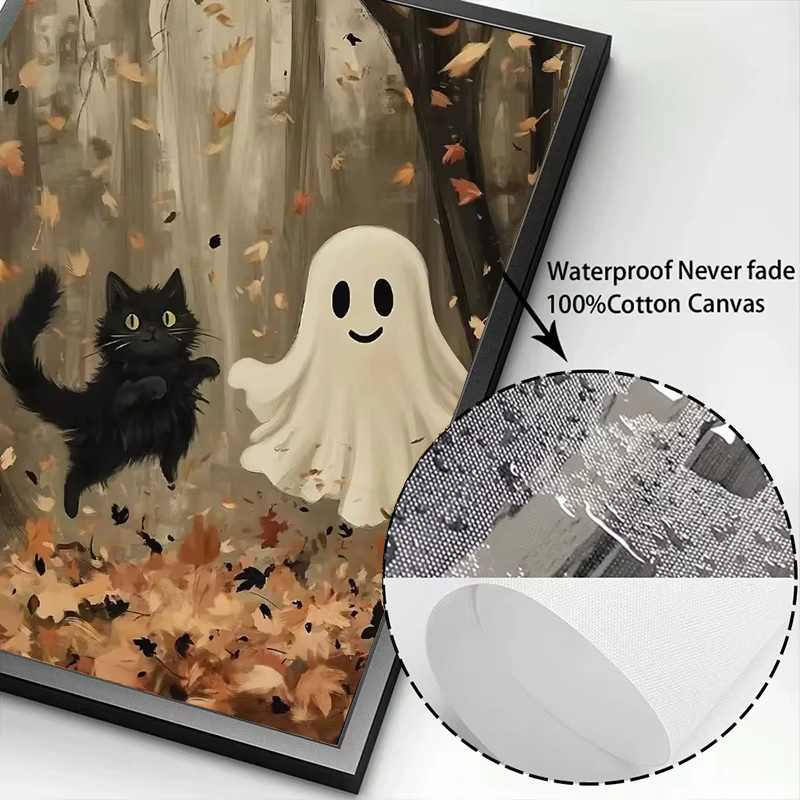 Potdemiel Halloween Leinwandgemälde Retro-Poster mit Geistern, Kürbis und schwarzer Katze in Schwarz und Multicolour - Bild 2