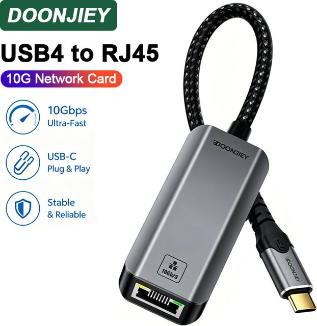 DOONJIEY USB-C auf 10GbE Ethernet Adapter, Typ-C USB4 auf RJ45 Netzwerkkarte in Grau, kompatibel mit Thunderbolt 3/4 für Laptop, MacBook und PC - Bild 1