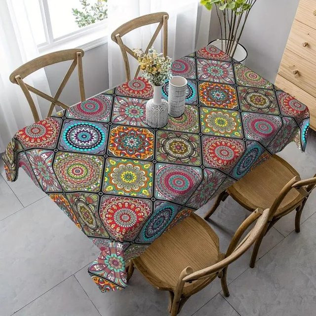 JINGYUE Pet Boho Mandala Tischdecke aus Polyester, wasserabweisend, rechteckig, Mehrfarbig, B: 100 cm, L: 160 cm - Bild 1