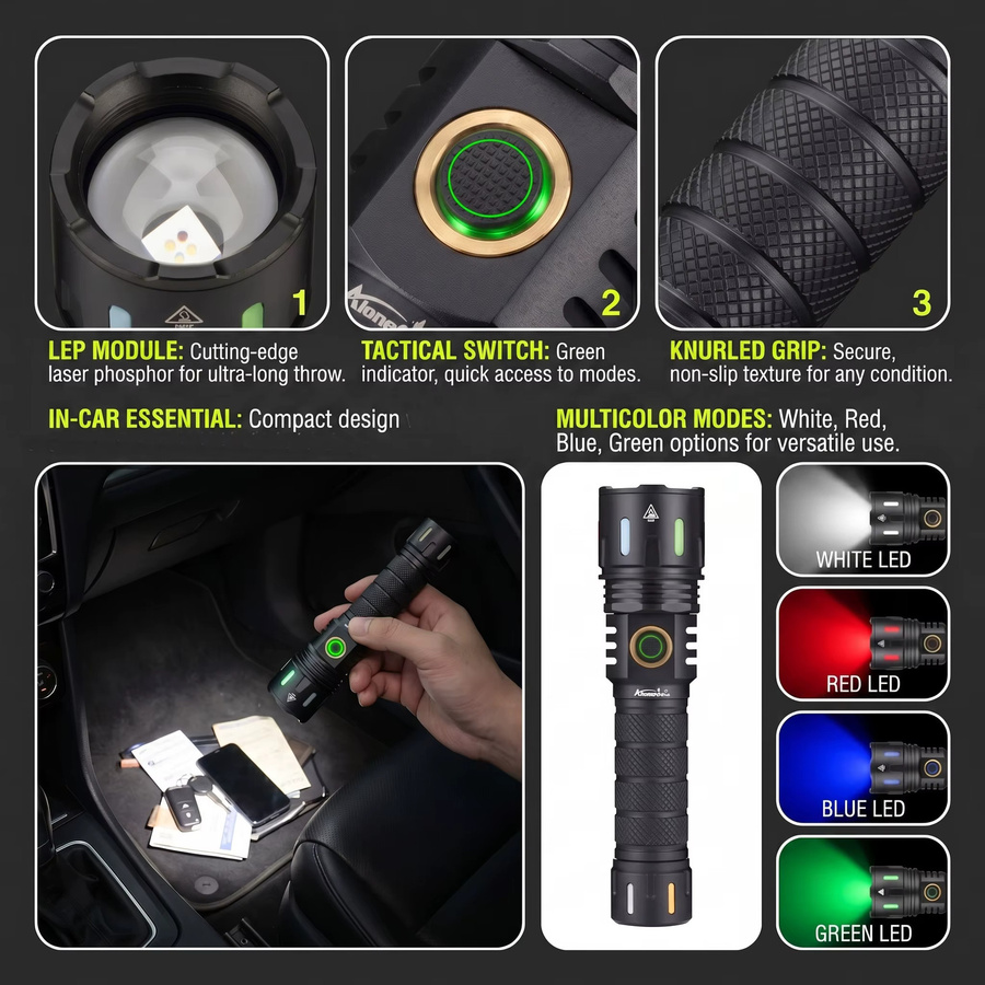 Alonefire Zoom RGB LED-Taschenlampe mit Blau, Grün und Rot, USB wiederaufladbar, Schwarz - Bild 6