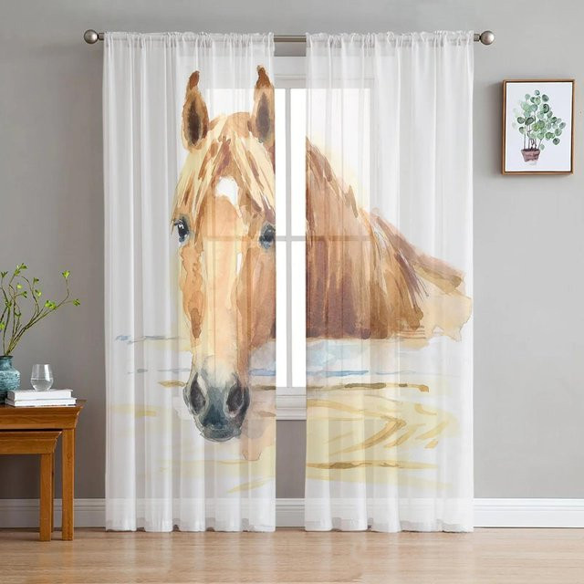 Yiran Furniture Transparente Tüllvorhänge mit Pferdemotiv in Weiß, Breite: 135 cm, Höhe: 115 cm - Bild 1