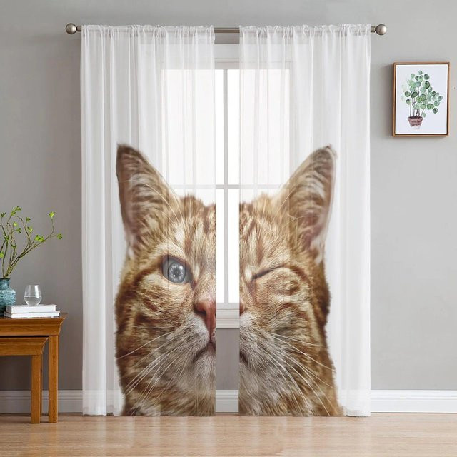 A Family Of Home Textiles Moderne Tüll-Vorhänge mit Katzenmotiv, Transparent, Weiß, Breite: 135 cm, Höhe: 114 cm - Bild 1