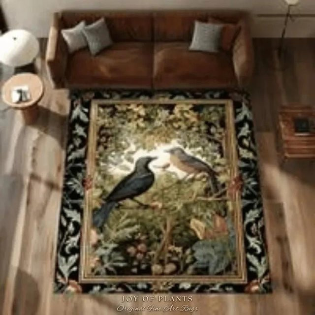 Karpetti Teppich Waldvögel im Cottagecore und Dark Academia Stil, Floral, Mehrfarbig, B: 120 cm, T: 160 cm - Bild 1