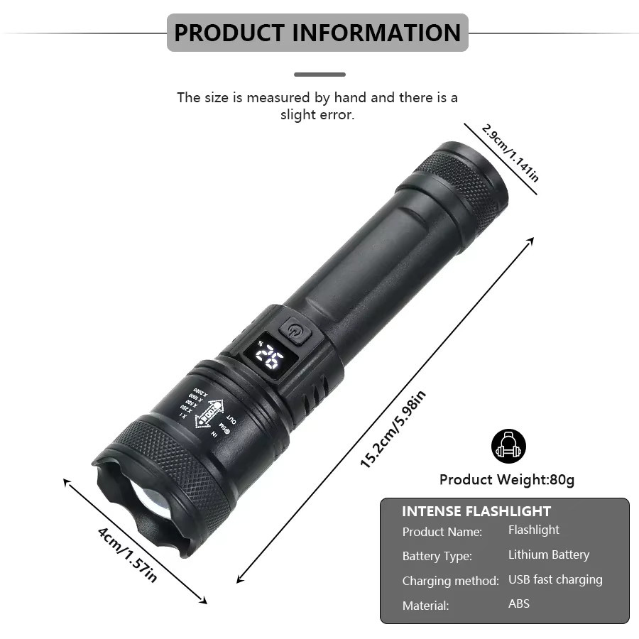 ZHIYU LED-Taschenlampe in Schwarz mit USB-Aufladung und taktischer Reichweite - Bild 5