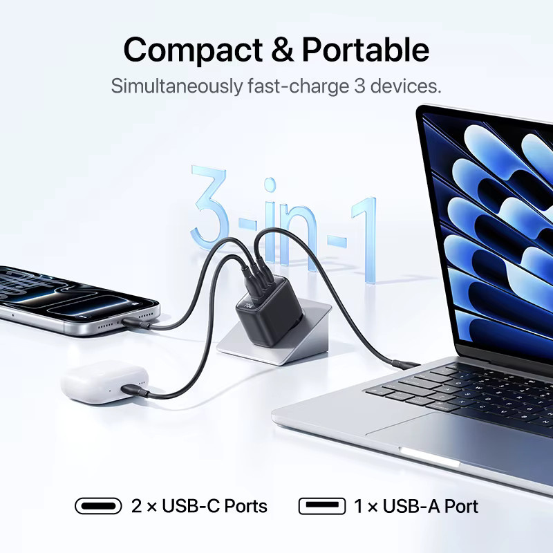 Baseus 70W USB-C Schnellladegerät in Schwarz mit Unterstützung für QC, PD und PPS für iPhone, Macbook Air und Laptop - Bild 2