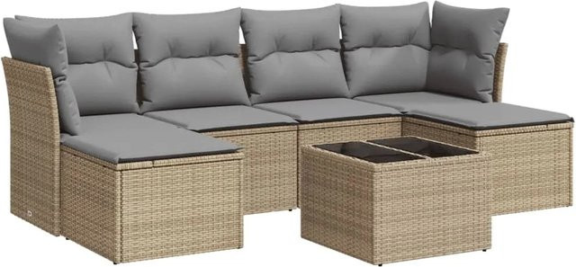 vidaXL 7-teilige Garten-Sofagarnitur in L-Form mit Polsterkissen und Couchtisch, Beige/Grau, Poly Rattan und Metallgestell - Bild 1