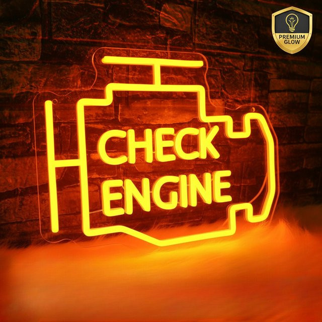 Check Engine Neon-LED-Wanddekoration in Gelb mit schwarzem Kunststoffgehäuse für Garage, Werkstatt oder Spielzimmer - Bild 1